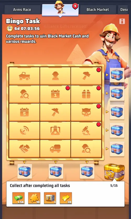 Bingo Task - Main event screen Bingo Task event interface during the Season 1 Celebration: 15-task grid and reward chests.